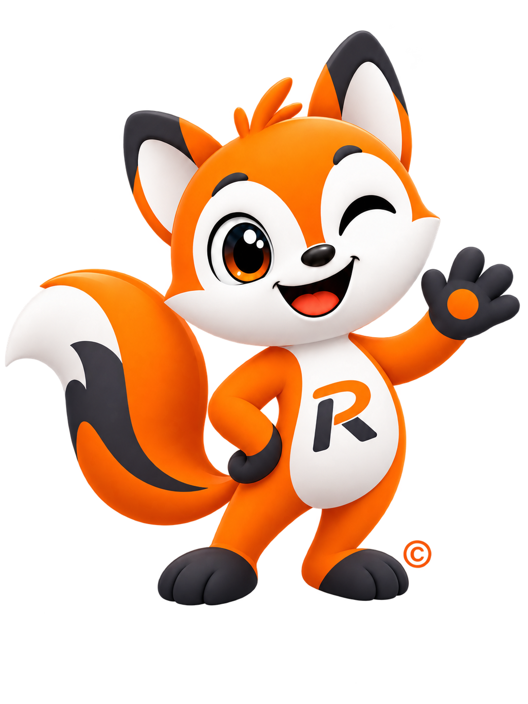 La mascotte Ruper, patte levée et logo R sur le ventre
